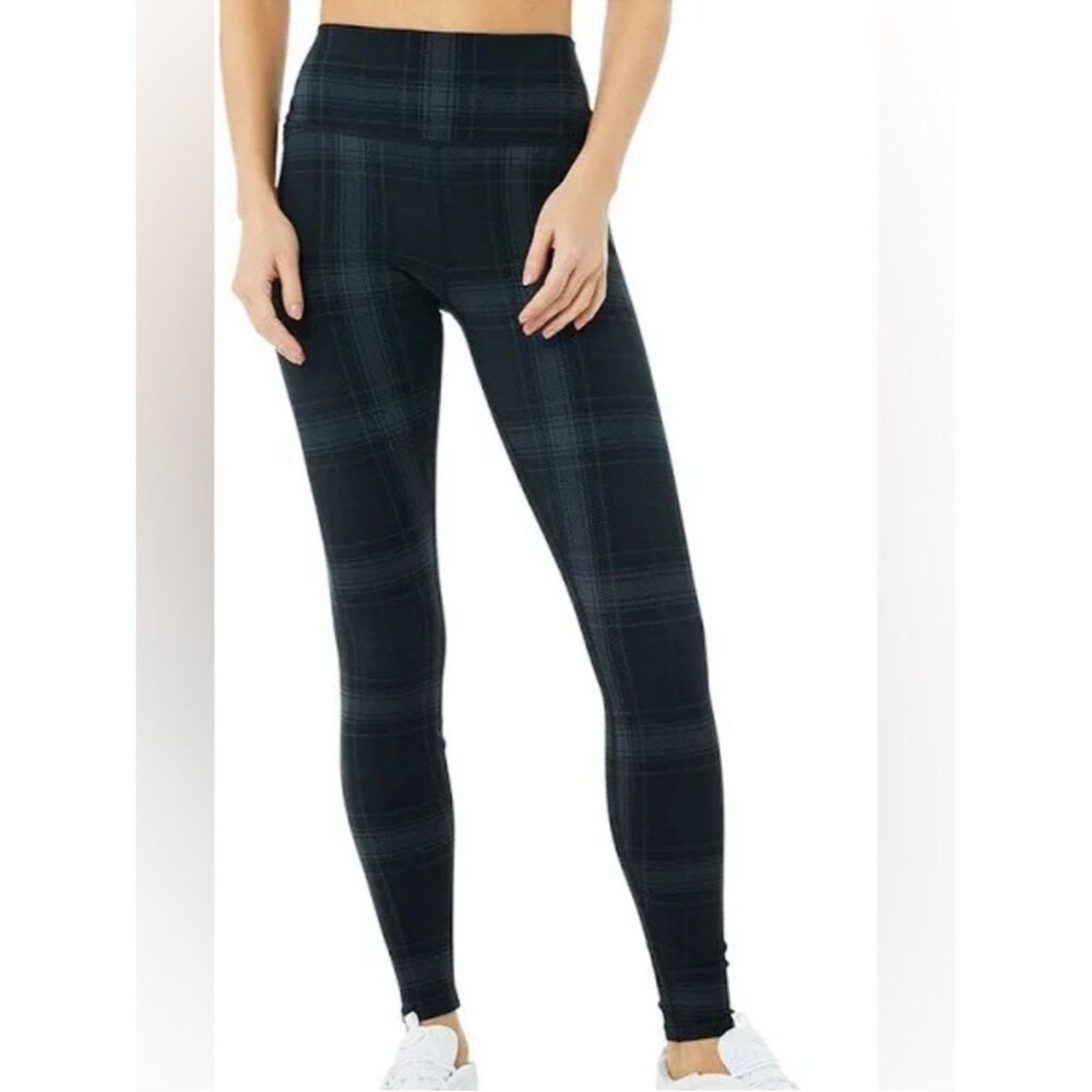 Alo Yoga High Waisted Vapor Legacy Plaid Leggings Black and Gray Size Small